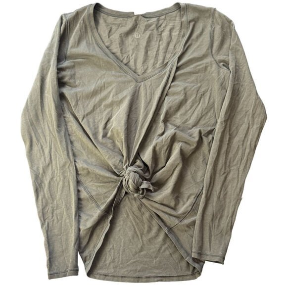 Lululemon Green Knot A Problem Long Sleeve Tie Front Top Dark Olive Sz 6 EUC - Picture 1 of 8